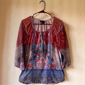 Boho Blouse | Ultra Suede Shoulders & Sheer Sleeves – Size L red blue brown